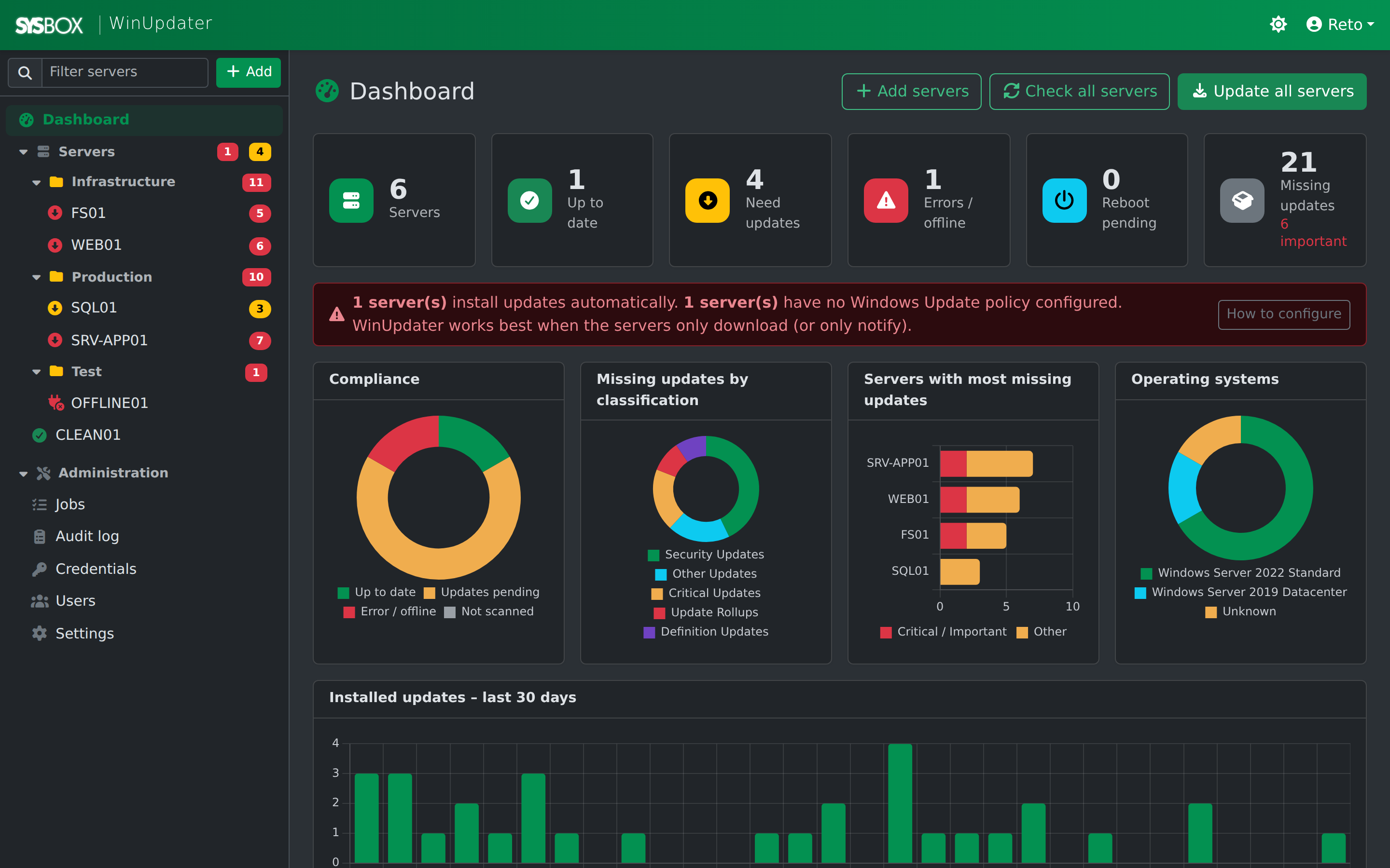 The same WinUpdater dashboard in dark mode